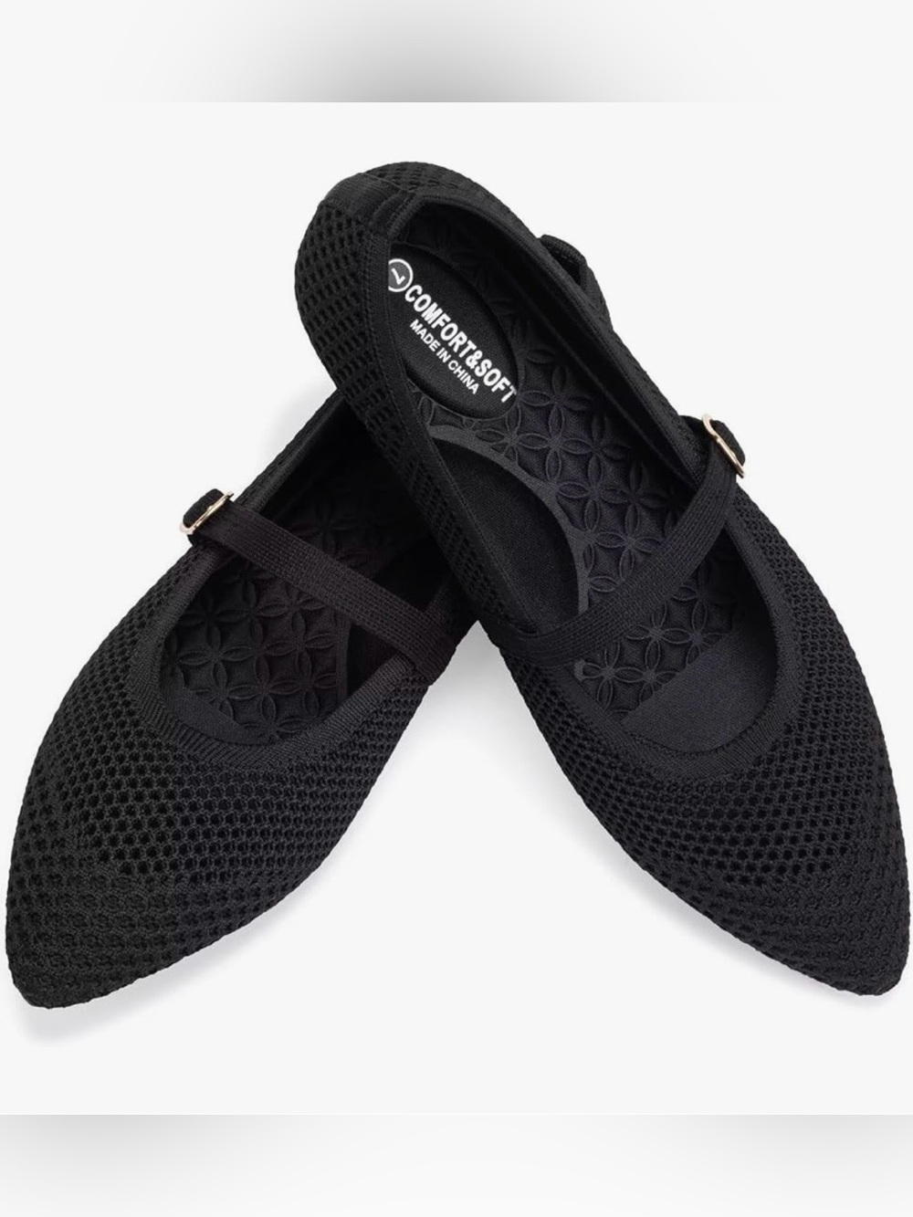 Frank Mully Black Mesh Mary Jane Flats Pointed Toe Adjustable Buckle